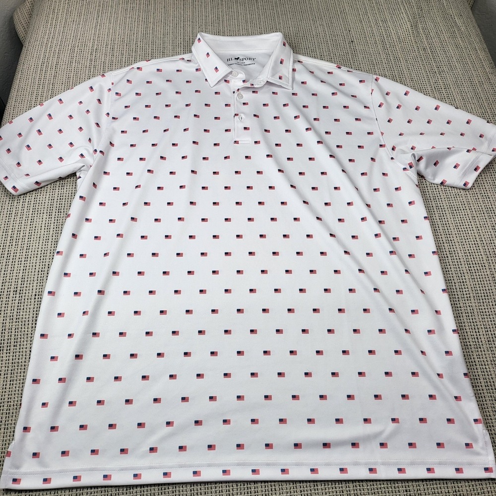 HL Sport Polo Shirt Mens 2XL White USA Flag Print Golf Short Sleeve Casual